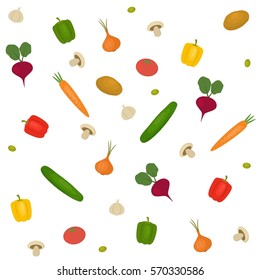 Seamless pattern with vegetables on a white background.There is a potato, a tomato, a cucumber, onion, a garlic, mushrooms, carrots, beets, sweet pepper in the picture. Vector illustration.