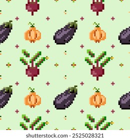 Padrão contínuo de cebola de legumes, berinjela, beterraba no estilo pixel art.