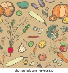 Seamless pattern with vegetables. Onion, tomato, pumpkin, cabbage, cucumber, beet, eggplant, potato, broccoli, chili, zucchini, squash, garlic. Colorful elements. Pale brown background.