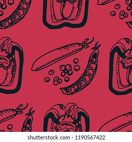 seamless pattern with vegetables paprika, green pea