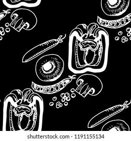 seamless pattern with vegetables paprika, green pea, mushrooms
