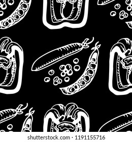 seamless pattern with vegetables paprika, green pea