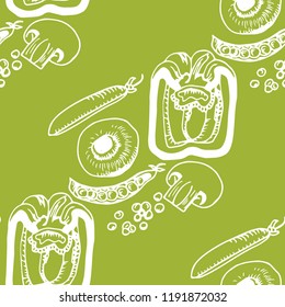seamless pattern with vegetables paprika, green pea, mushrooms