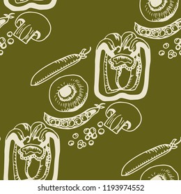 seamless pattern with vegetables paprika, green pea, mushrooms