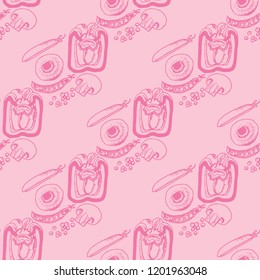 seamless pattern with vegetables paprika, green pea, mushrooms