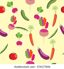 Seamless pattern with vegetables. Peas, tomato, cucumber, eggplant, garlic, onions, peppers, carrots, beets and radishes.