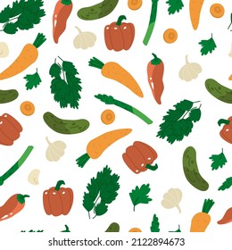 Seamless pattern with vegetables. Pepper, carrot, cucumber, garlic, celery, parsley. Background for home paper and textile. Flat style in vector illustration. Isolated element.