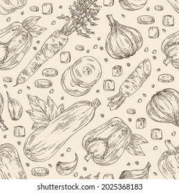 Seamless pattern with vegetables: pepper, full carrot and slices, zucchini and garlic. Vector hand drawn illustration.