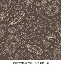 Seamless pattern with vegetables: pepper, root and a piece of daikon, pod of peas and eggplant. Vector hand drawn illustration.