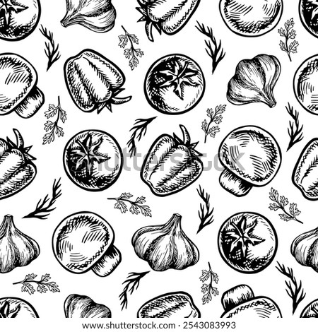 Seamless pattern with vegetables, peppers, tomatoes and garlic. Vector graphics. Black and white hand-drawn illustration. On a white background. For labels, culinary recipes and packaging and textiles