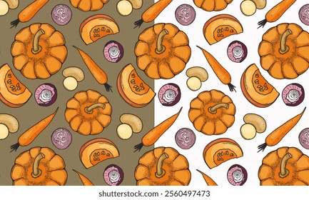 Seamless pattern with vegetables. Potato, pumpkin, onion, carrot. Flat vector illustration