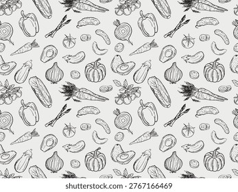 Seamless pattern with vegetables pumpkin, avocado, onion, carrot, cucumber, eggplant. Fresh organic food repeat background. Hand drawn vector sketch illustration in vintage crayon charcoal style.