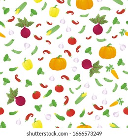 Seamless pattern with vegetables. Pumpkin, garlic, tomato, cucumber, corn, peas, beet, carrot, broccoli, bell pepper and chili. Vector illustration