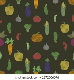 Seamless pattern with vegetables. Pumpkin, garlic, tomato, eggplant, cucumber, corn, peas, beet, carrot, broccoli, bell pepper and chili. Vector illustration