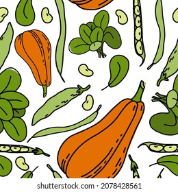 seamless pattern with vegetables. Pumpkin, spinach, beans, peas.