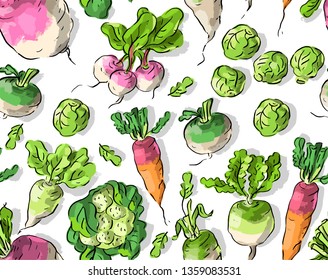 Seamless pattern with vegetables, radish, carrots, cauliflower, Brussels sprouts