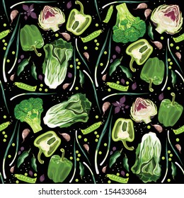 
Seamless pattern with vegetables. Ripe and healthy vegetables. Artichoke, cabbage, onions, garlic, basil, pepper, peas, broccoli. Wallpaper, print, paper, textile design. Vector illustration.