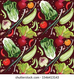 Seamless pattern with vegetables. Ripe and healthy vegetables. Artichoke, cabbage, onions, garlic, basil, pepper, peas, zucchini, tomato, beet. Vector illustration.