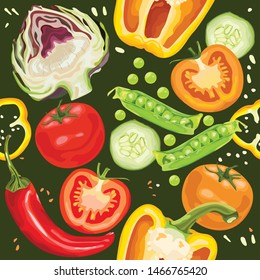 Seamless pattern with vegetables. Ripe tomato, pepper, green peas, artichoke, cucumber. Summer harvest, salad ingredients. Vector illustration.