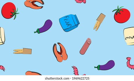 Seamless pattern vegetables and seafood eggplant shrimps salmon tomatoes delicious sweet fresh beautiful on a blue background. The texture is endless
