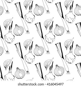 Seamless pattern vegetables. Set of vegetables for the cook. A floral design. 
Vegetarian food. Onion, green onion. Coloring book for adults. Hand drawing black and white.
