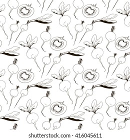 Seamless pattern vegetables. Set of vegetables for the cook. A floral design. Radishes and tomatoes on a white background. Vegetarian food. Coloring book for adults. Hand drawing black and white.
