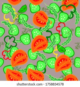 Seamless pattern with vegetables set eat local farm market rustic illustrations with a onion, pepper, cucumber, tomato. Summer ingredients for salads. Vector