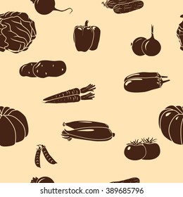 seamless pattern vegetables silhouettes: corn, potatoes, tomatoes on light  background