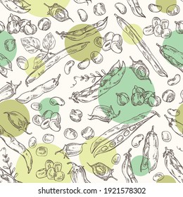 Seamless pattern with vegetables: soybean plant, beans pod, chickpea beans and mung beans. Vector hand drawn illustration.