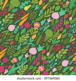 Seamless pattern with vegetables, spoons and forks. 