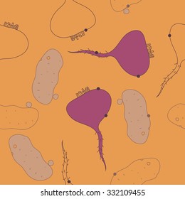 Seamless pattern  of vegetables,  spots, potatoes hole,harvest. Hand drawn.