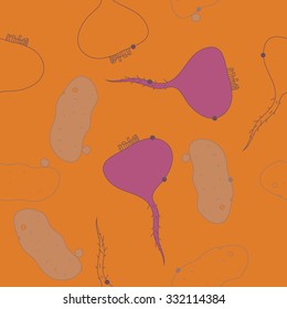 Seamless pattern  of vegetables,  spots, potatoes hole,harvest. Hand drawn.