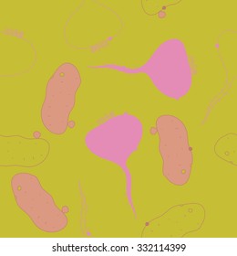 Seamless pattern  of vegetables,  spots, potatoes hole,harvest. Hand drawn.