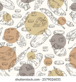 Seamless pattern with vegetables: taro root, tuber of yams, yacon, chinese artichoke. Vector hand drawn illustration.