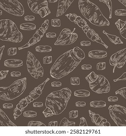 Seamless pattern with vegetables: taro root, tuber of yams, yacon, chinese artichoke. Vector hand drawn illustration.