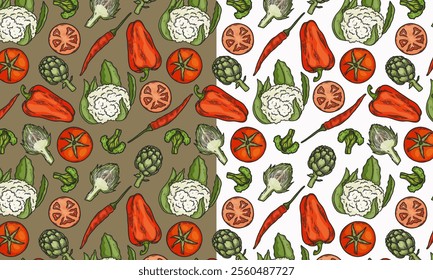 Seamless pattern with vegetables. Tomato, artichoke, cabbage, pepper, broccoli. Flat vector illustration