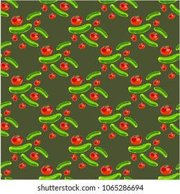  Seamless pattern vegetables tomato and cucumber on colored background