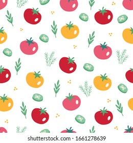 Seamless pattern with vegetables - tomato, dill, cucumber slices on white background. Perfect for vegetarian, vegan restaurant, menu, healthy eating design, wallpaper