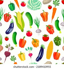 Patrón sin foco con verduras. Tomates, paprika, pepinos, berenjenas, mazorcas de maíz, remolacha, rábano, cebolla, ajo, zanahorias.