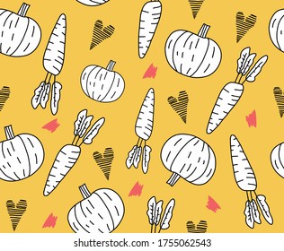 Patrón sin foco con verduras. zanahoria sin color, corazón, calabaza con fondo amarillo. Ilustración dibujada a mano por vectores en estilo doodle. El concepto de comida orgánica.