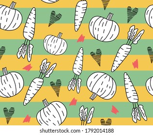 Patrón sin foco con verduras. zanahoria sin color, corazón, calabaza con fondo verde a rayas amarillas. Ilustración dibujada a mano por vectores en estilo doodle. El concepto de comida orgánica.