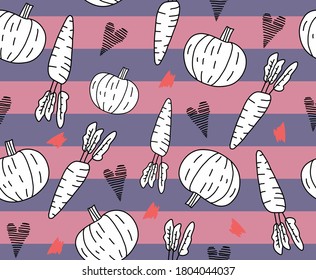 Seamless pattern with vegetables. Uncolored carrot, heart, pumpkin on striped pink purple background. Vector hand drawn illustration in doodle style. Organic food concept.