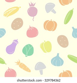 Seamless pattern vegetables vector: cucumber, radish, beets, potato, carrot, mushroom, eggplant, cabbage, pepper, pumpkin, garlic, tomato, corn