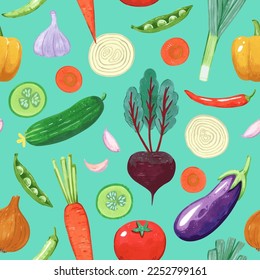 Patrón sin foco con verduras. Ilustración detallada a mano del vector