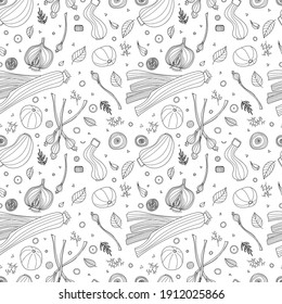 Seamless pattern of vegetables vector illustration in scandinavian style. Linear graphic. Vegetables background. Healthy food isolated on white background.