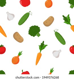 Seamless pattern with vegetables. Vector set. Vegetables flat icons set: cucumber, carrot, onion, potato, garlic, broccoli, paprika, tomato.