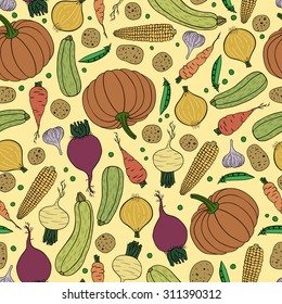 Seamless pattern with vegetables. Vegan and vegetarian cuisine. Vector pattern of seamless background with vegetables.