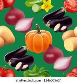 Seamless pattern with vegetables. Vegetarian food. Tomato, pumpkin, cabbage, potatoes onion broccoli carrot pepper and garlic. Vector illustration.