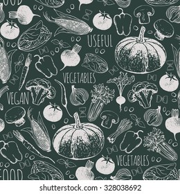 Seamless pattern of vegetables. Vegetarian food. Vector illustration.
