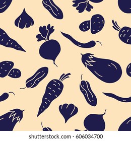 Seamless pattern of vegetables. Vegetarian food. Print. Repeating background. Cloth design, wallpaper.